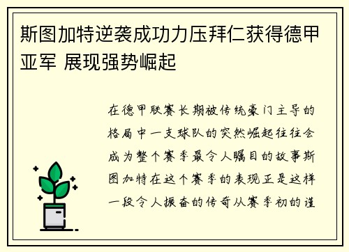 斯图加特逆袭成功力压拜仁获得德甲亚军 展现强势崛起
