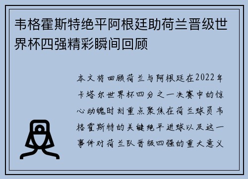 韦格霍斯特绝平阿根廷助荷兰晋级世界杯四强精彩瞬间回顾